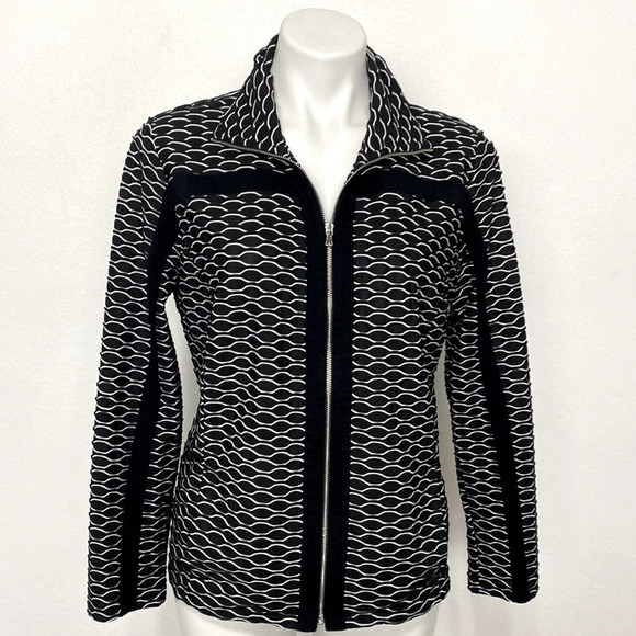 Chico's Black & White Academia Front Zip W/Pockets Textured Jacquard Jacket M - Picture 1 of 10